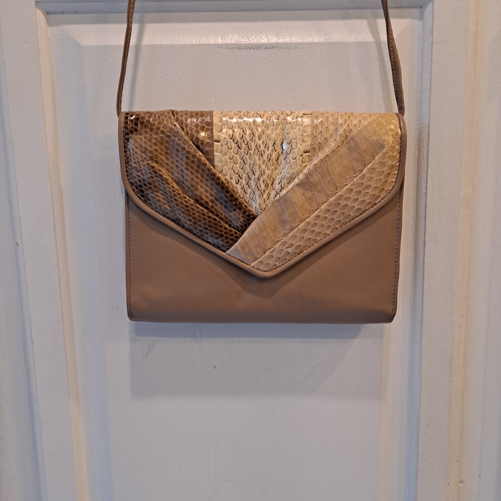 Clemente Vintage Envelope Style Snakeskin Brown and Tan Crossbody Bag